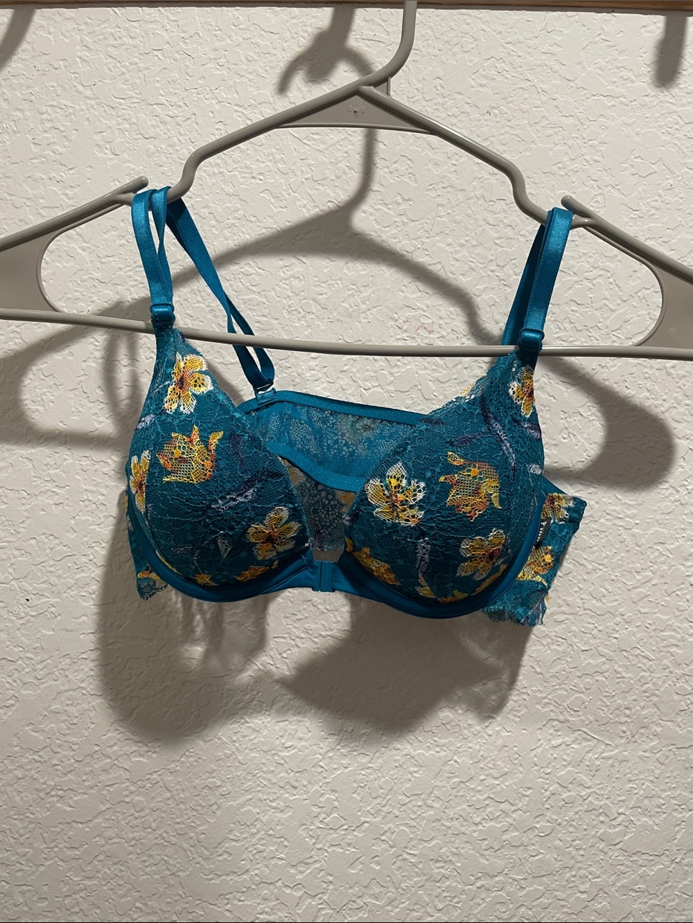Victoria's Secret Teal Lace Underwire Bra with Yellow Floral Embroidery